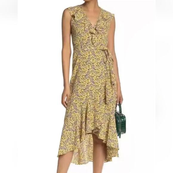 Max Studio Floral Ruffle Wrap Midi Dress High Low Hem Size Large - Picture 1 of 8